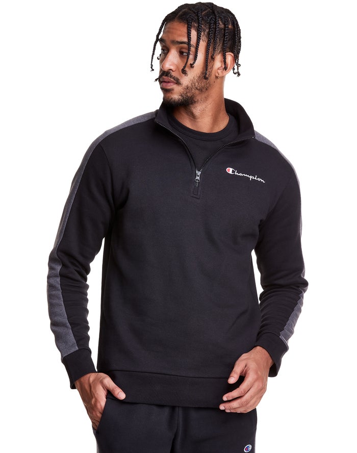 Champion Mens Sweatshirt NZ - Colorblock Stripe Fleece 1/4 Zip Black ( 5019-QLFMK )